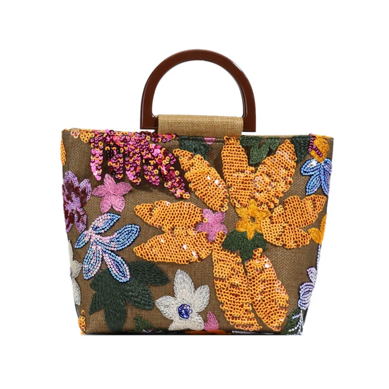 

Female Casual Linen Tote Bags 2025 Summer New Texture Colorful PVC Sequins Embroidery Handbag Bamboo Handle Vacation Bags Bolsas