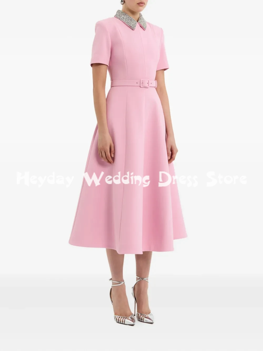 Heyday فساتين سهرة بسيطة مطرزة على شكل حرف A للنساء بأكمام قصيرة بطول الشاي فساتين حفلات رسمية أنيقة 2025 #3