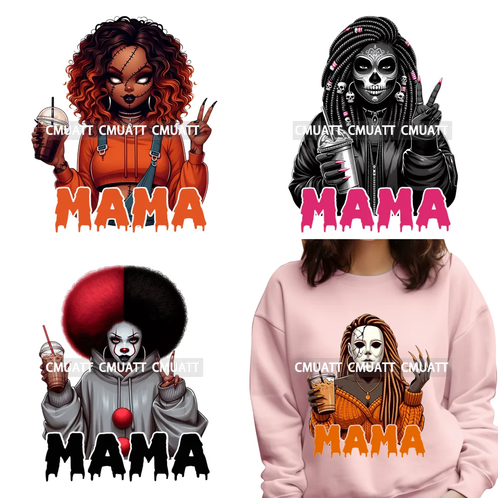 

Хэллоуин Жуткий Мама Черный Женский Кофе Ужас Убийца Леди Утюг на Моющиеся DTF Трансферы Наклейки Готов к Давлению для Одежды