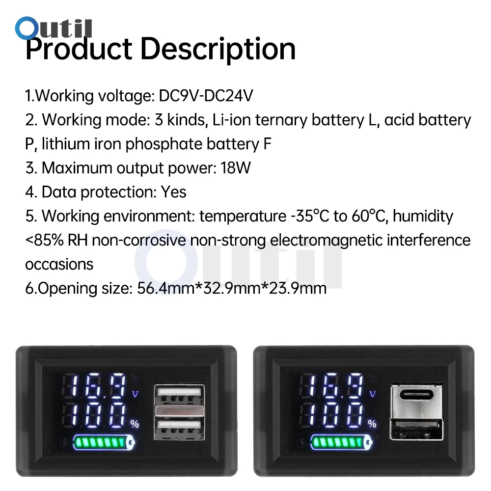 DC 9-24V Digital Voltmeter USB+Type-C Dual-interface Lithium Battery Capacity Display Meter ZFX-3079 LED Battery Display Voltmet