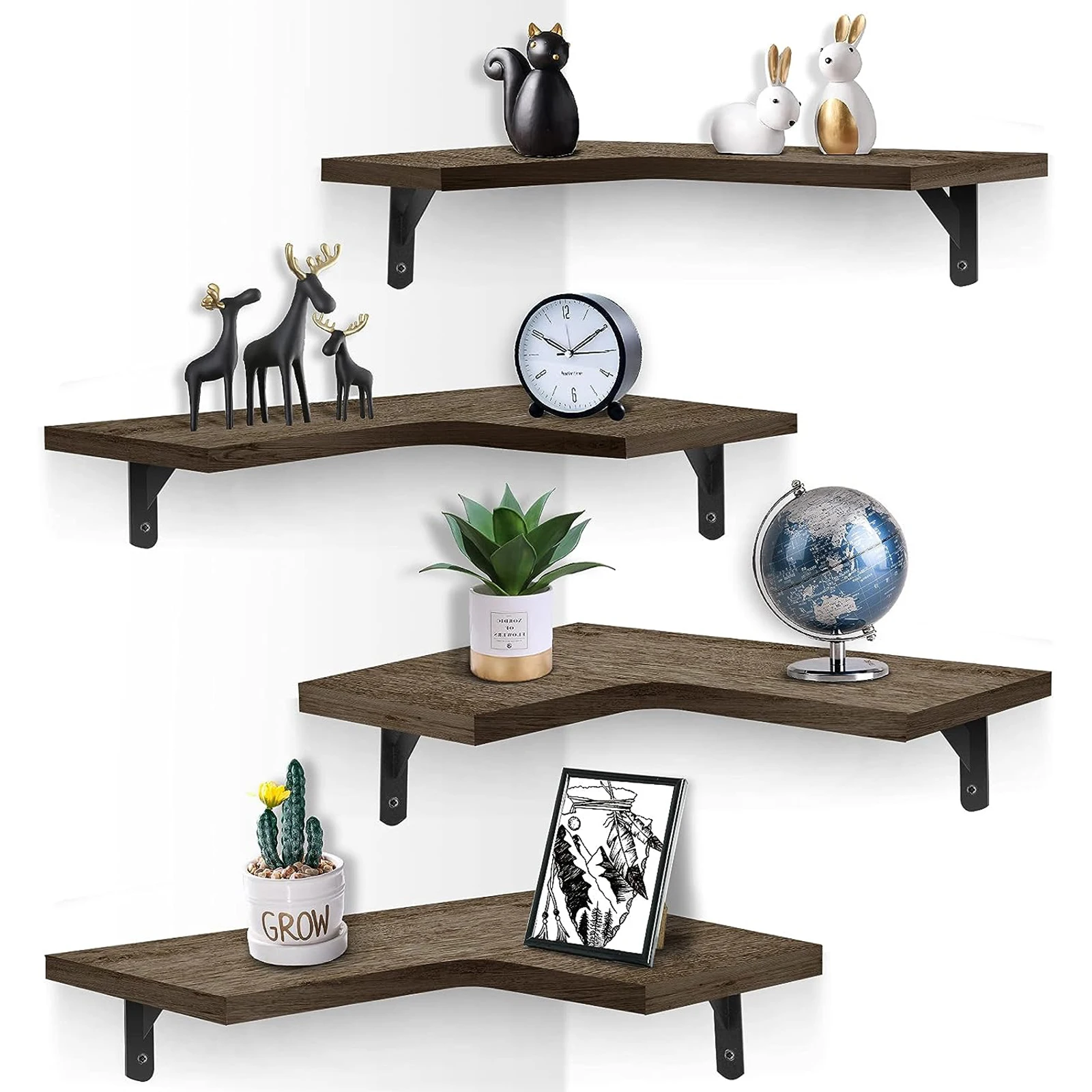 Estantes flotantes de esquina montados en la pared, estantes de almacenamiento de madera rústica para dormitorio, sala de estar, baño, cocina, oficina, decorativos