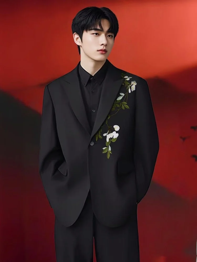 

New Chinese Sle Men's Wedding Suit Set Embroidered Pad oulder Collar Adult Ceremony Formal Wear Western Suit