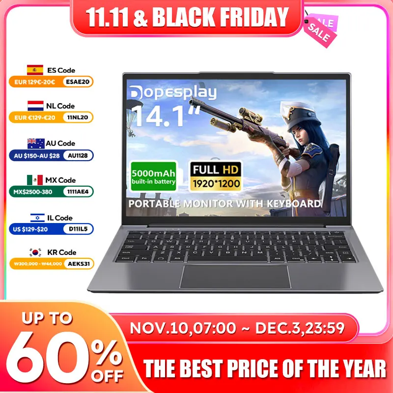 

Dopesplay 14,1-дюймовый портативный ноутбук-монитор с клавиатурой 1200P IPS FHD удлинитель экрана ноутбука для Samsung Deck Mini PC ноутбуки