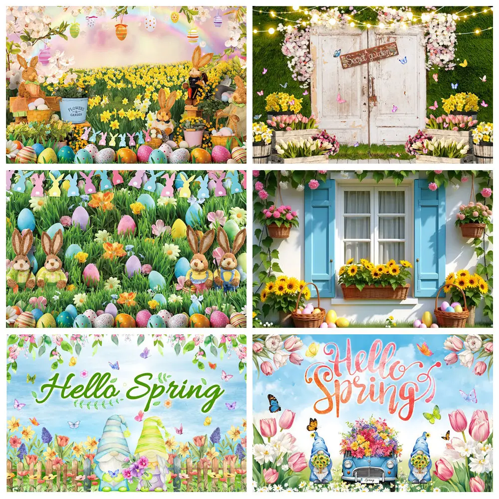 Indoor Tent Children Birthday Photography Backdrops Props Happy Easter Day Rabbits Butterfly Eggs Flowers Photo Background PZ-01