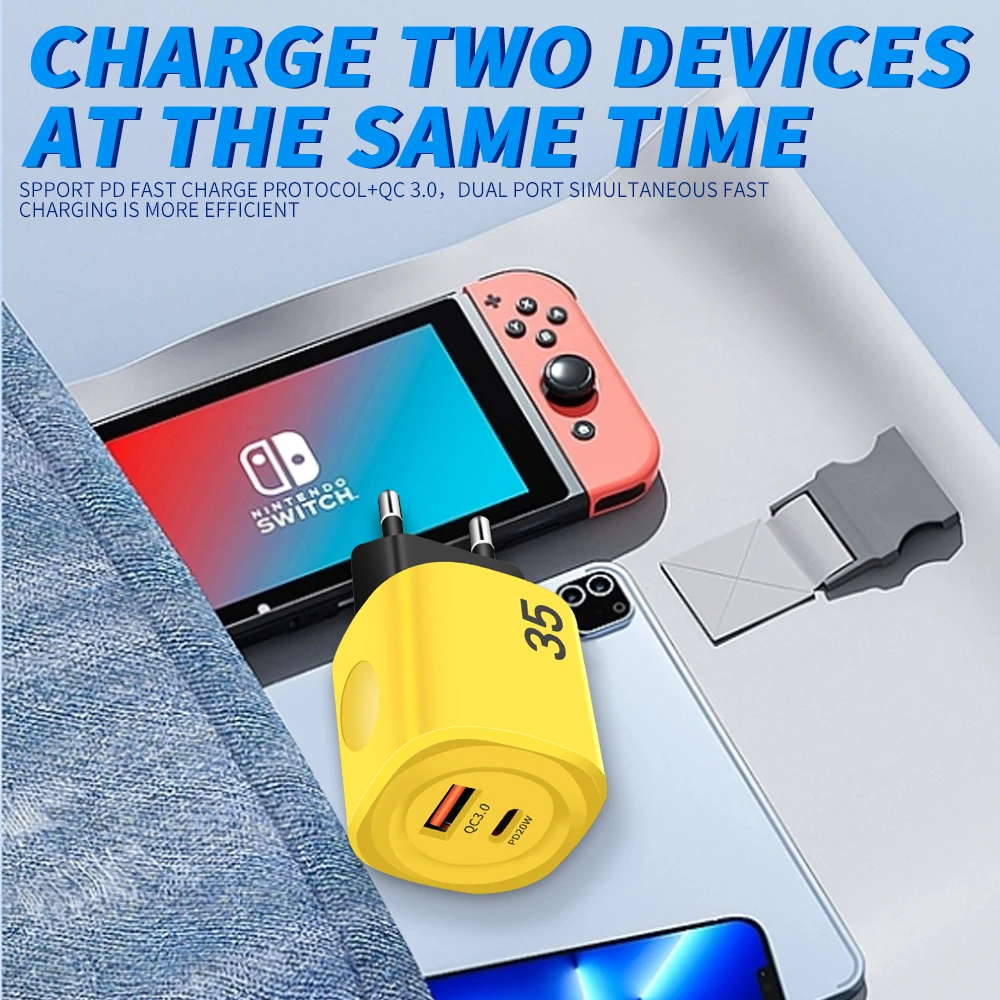 USB C Fast Charger 35W QC3.0 PD Real Fast Quick High Speed Charging Mobile Phone Wall Adapter for IPhone15 Xiaomi 14 Samsung S23 - náhled 4