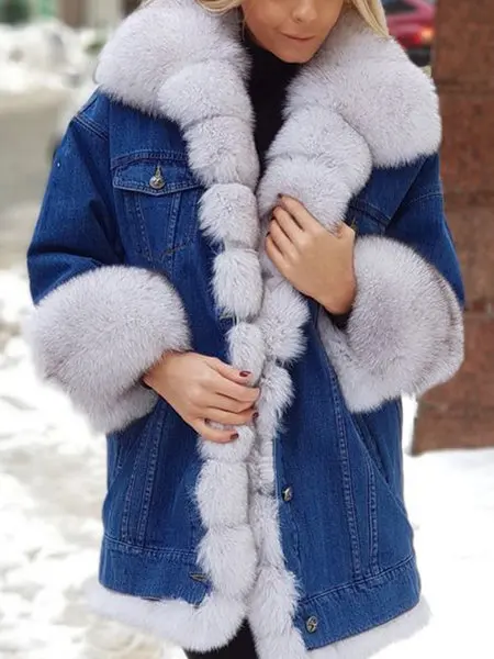 2023ผู้หญิงฤดูหนาว Faux Fur Hooded สุภาพสตรี Warm Thicken DENIM ปุ่ม Outwear ผู้หญิงแฟชั่นแบบลำลอง Overcoat