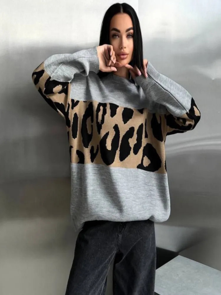 

Новый осенне-зимний повседневный свободный женский вязаный свитер с леопардовым принтом и длинными рукавами, винтажный женский пуловер, джемперы, шикарный трикотаж