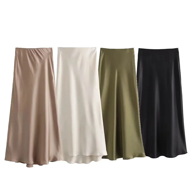 TRAF Satin Midi Women Skirt Mid Waist Folds Lady Skirt 2024 Spring Summer New Fashion Elegant Casual Office Women Clothing