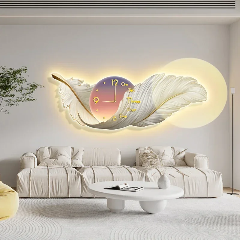 Imagem -03 - Criativo Led Relógio Lâmpada de Parede Sala de Estar Quarto Cabeça de Cama Sofá Corredor Decoração Pendurado Imagem Pena Pintada