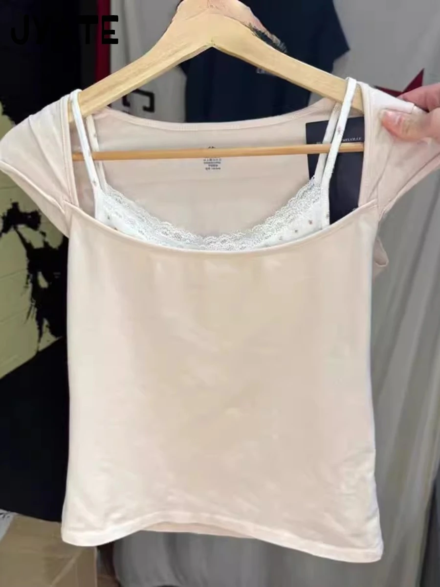 New Sweet Pink Cotton Crimping Short Sleeve Tees Women Summer Casual Simple Square Collar Crop Tops Vintage Basic Y2K T-shirts — zdjęcie 5