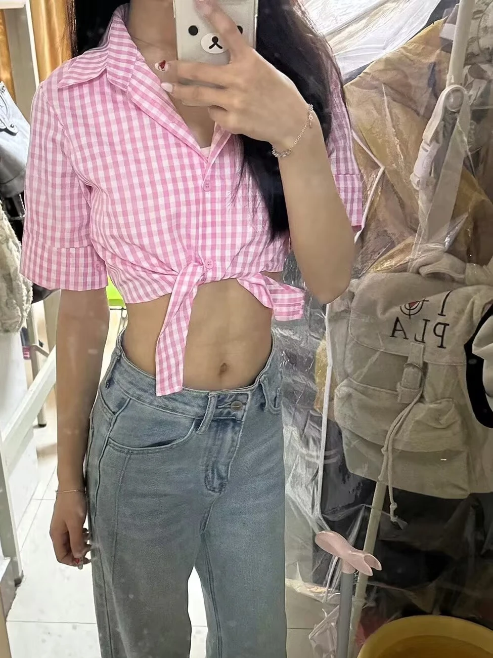 Tikng Roze Plaid irt Dames Pure Desire Slim Fit Sexy Super ort Belted Navel Baring Top Street Sle Summer Faion