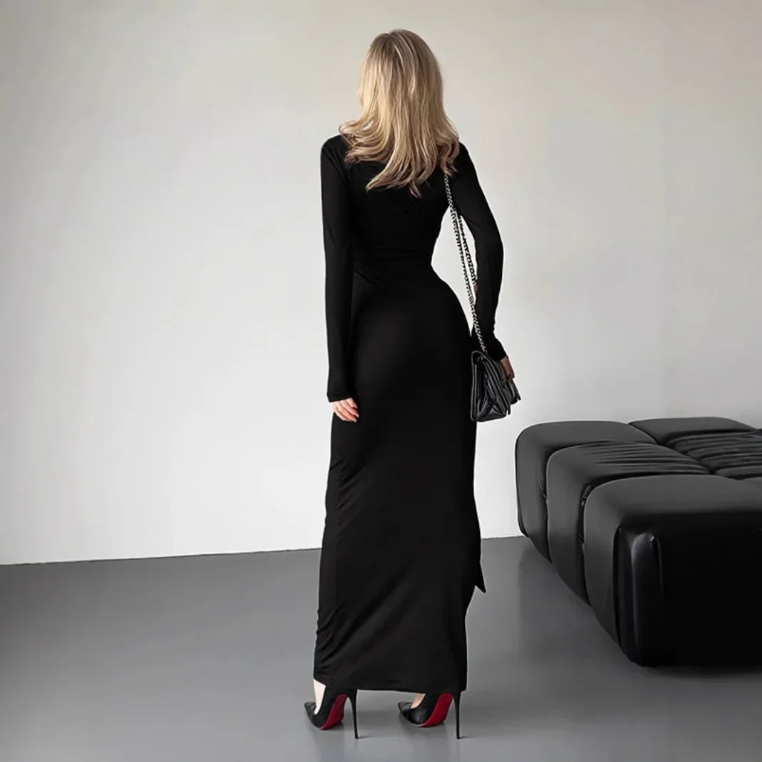 Fmxies جديد مثير العميق الخامس الرقبة فستان طويل المرأة شرائط الديكور كم كامل Skinng عالية تمتد الخريف الشارع موضة Vestidos