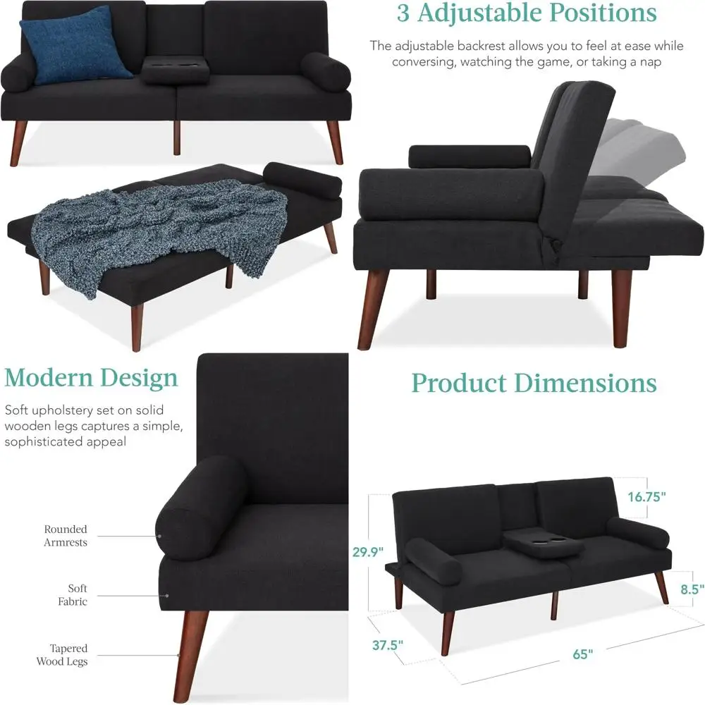 best choice products mid-century modern upholstered futon, convertible folding sofa bed, small couch w/rounded armrests, 2 cupho