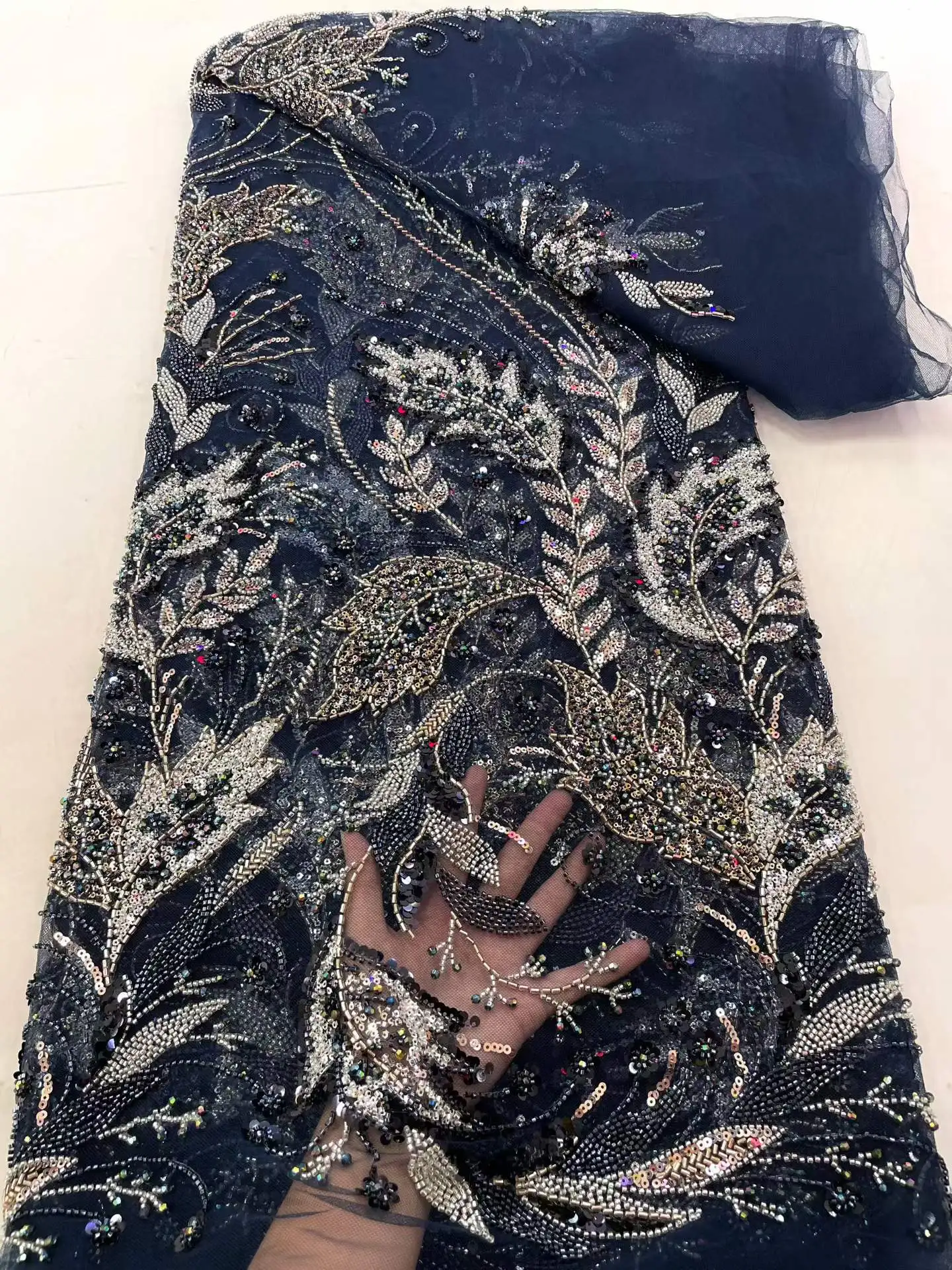 2026 New High Quality Premium Grade African Tulle Lace Fabric 5yards Nigerian Sequins Beads Tulle Lace Fabric For Wedding Dress