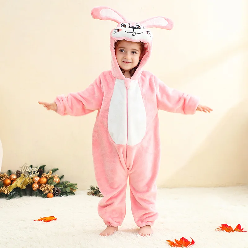 

New Cartoon Cute Animal Monkey Parrot Rabbit Children's Homewear Pajamas Flannel Hooded Jumpsuit 0-1 Years for Boys Girls
