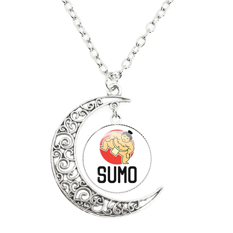 Japanese I Love Wrestling Sumo Players Cartoon Character Moon Necklace Dome Glass Pendant For Fans Gift Jewelry