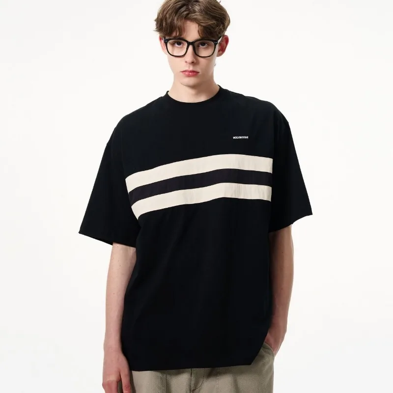 Men's Black Crew Neck Short Sleeve T Shirt With White Stripe Detail Oversized Casual Streetwear Tee
