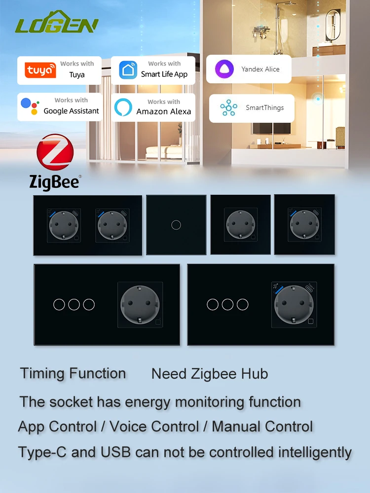 Zigbee Tuya Smart Switch and Smart Socket Energy Monitoring Smart Outlet Timer Schedule Need Neutral Wire Glass Panel Smart Home