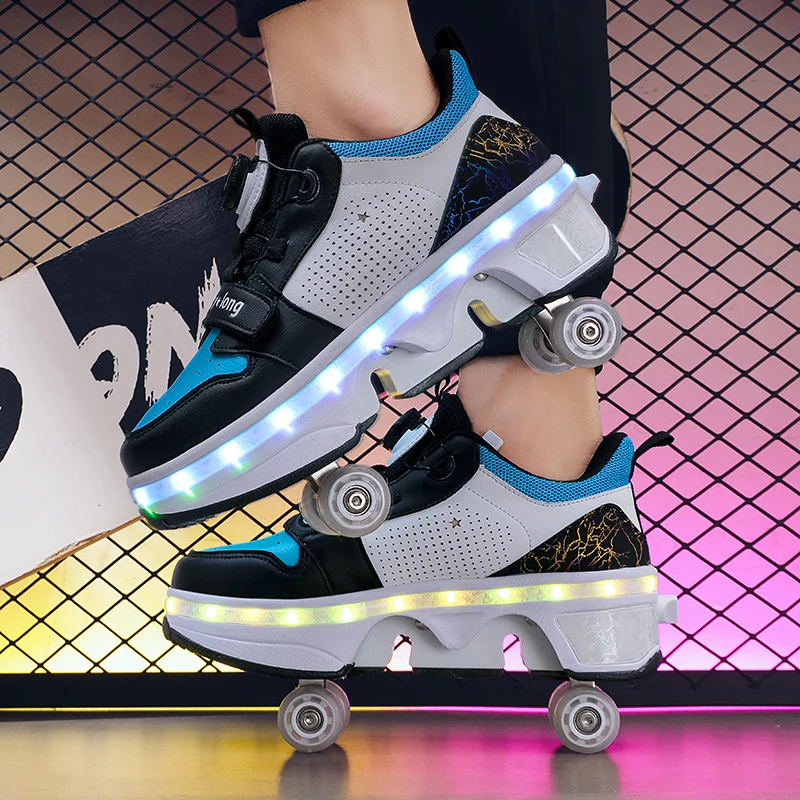 Image 6: Chaussures de Parkour LED Déformables à Quatre Roues, Baskets Décontractées Unisexe, Chaussures à Roulettes Déformables, Chaussures de Skate