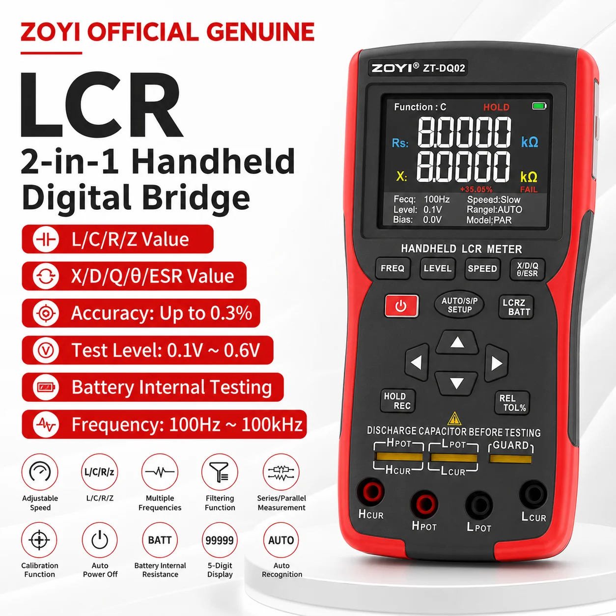 ZOYI ZT-DQ02 Handheld LCR Bridge Battery Internal Resistance Tester for Capacitor Aging & Battery IR Assessment