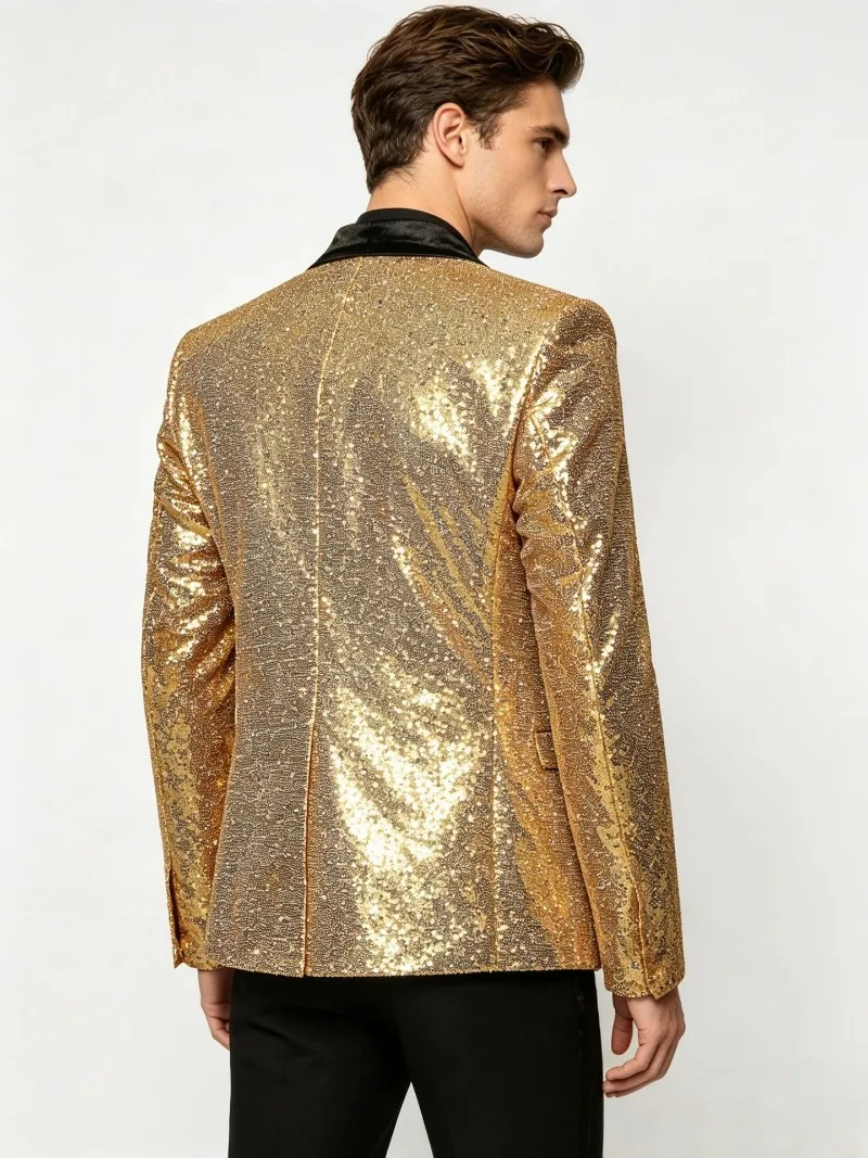 Herren Glänzende Pailletten-Jacke Schwarzer Satin-Revers Einknopf-Blazer Slim Fit Formeller Anzug Mantel für Party Hochzeit Bühnenauftritt Oberbekleidung – Detail 16