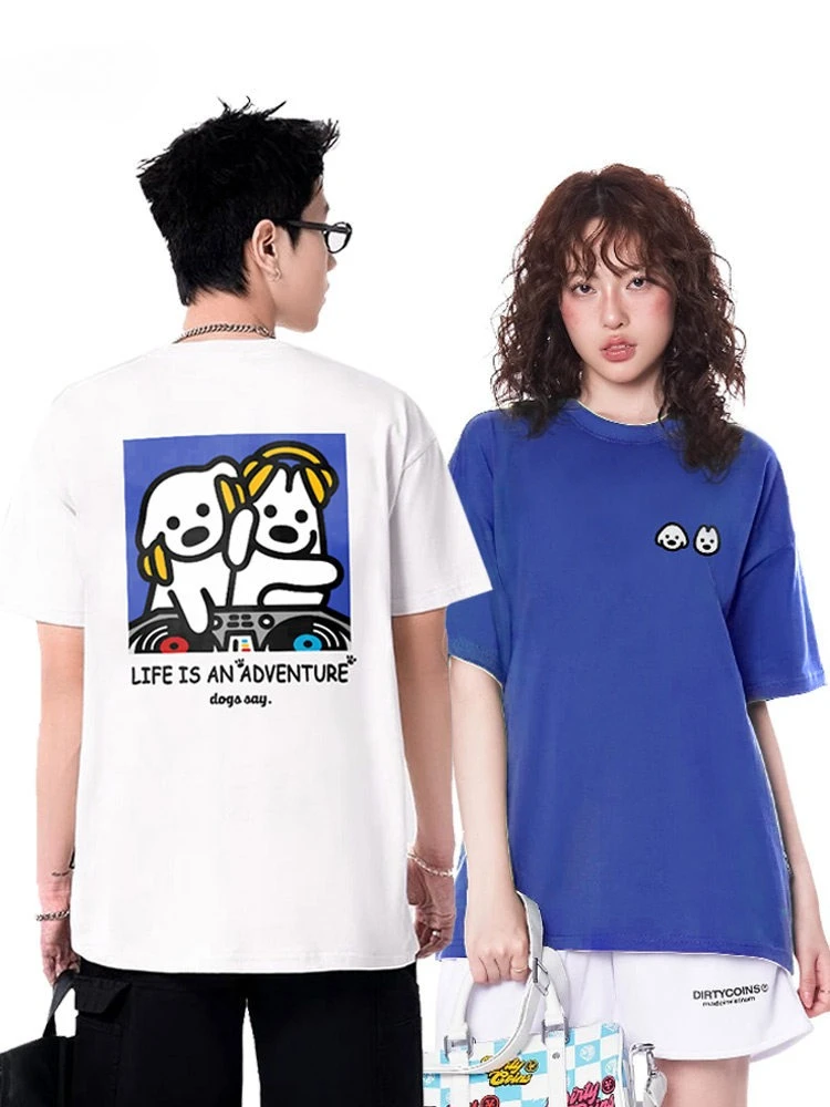 2026 Korean Niche Streetwear Brand Headphones Dog Couple Outfits New Short-sleeved and Half-sleeved Fun Printed T-shirts