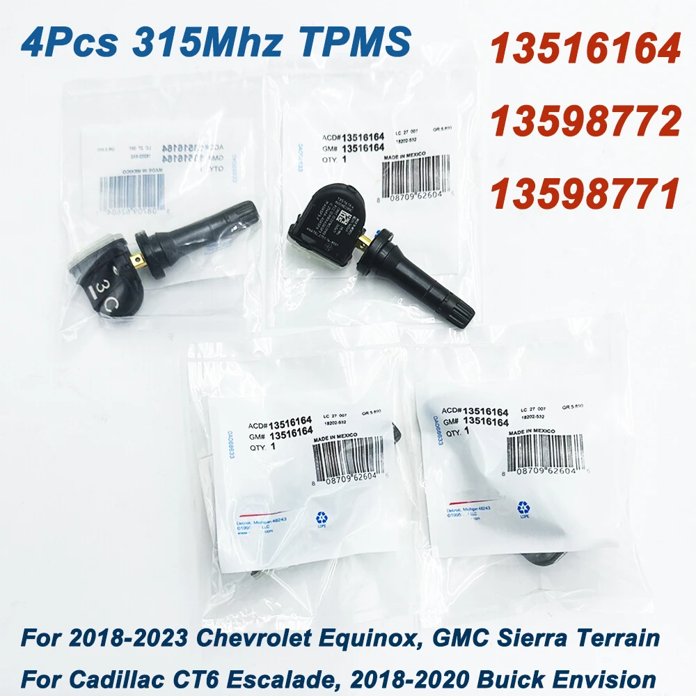 

4Pcs OE 13516164 13598772 13598771 TPMS 315Mhz for 2018-2023 Chevrolet Equinox GMC Terrain Silverado Sierra Tire Pressure Sensor