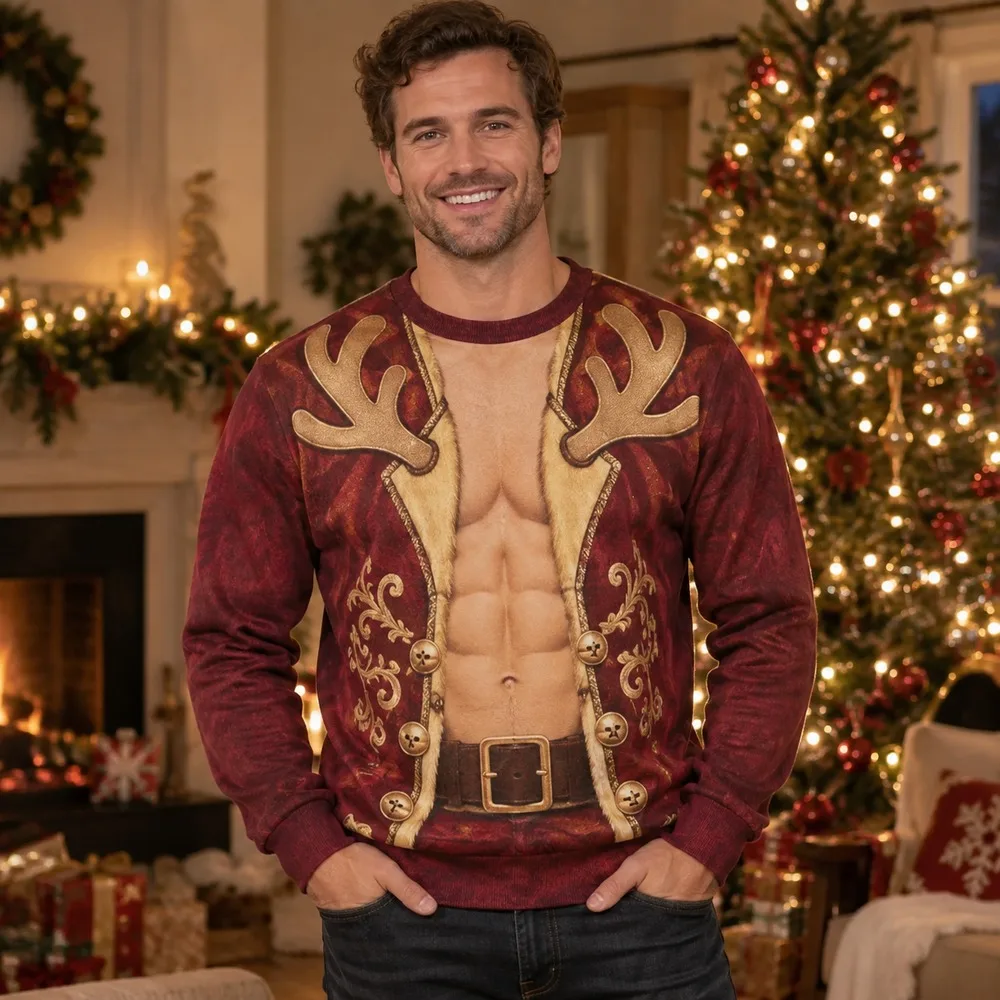 New Reindeer Costume Ugly Christmas Sweater for Men Women Festive Holiday Party Crewneck Pullover Long Sleeve Funny Fake Abs