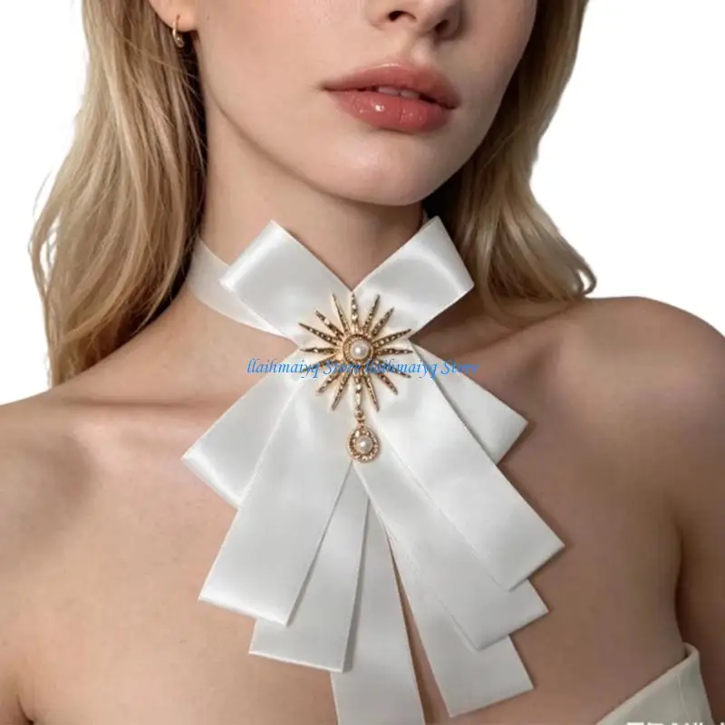 573B Contemporary Bows Tie Collar with Faux Pearls and Ribbon Design Polyester Neckwear for Event Stage Costume Accessories