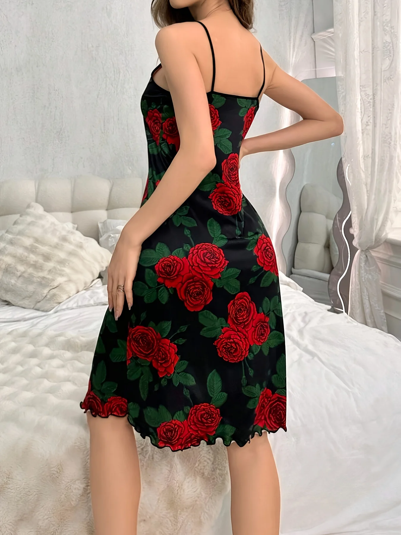 Summer Hot New Ladies Black full printed rose print sexy pure desire wind label in a long wooden ear milk silk sling nightgown