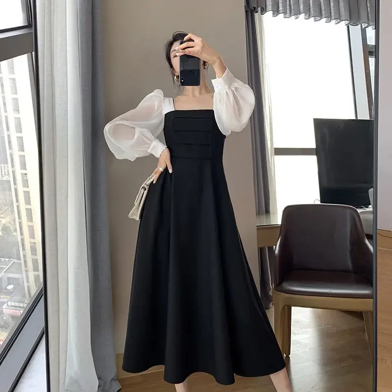 Manga longa preto vintage estilo francês vestido de mujer nova primavera outono gola quadrada rendas até vestidos moda feminina