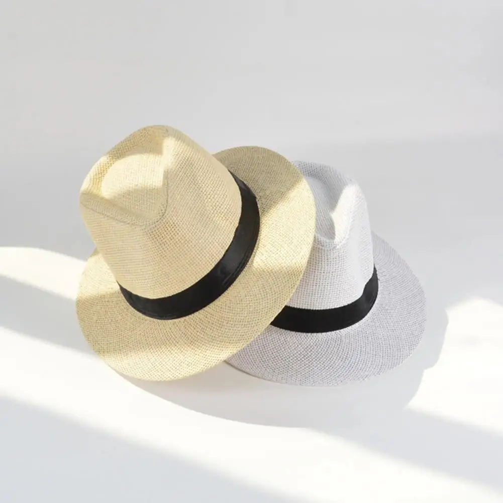 Fashion Men Sun Hat Band Decor Flat Dome Straw Hat Folding Thin Anti-UV Sunscreen Hats Men Big Brim Cowboy Fedora Jazz Hat