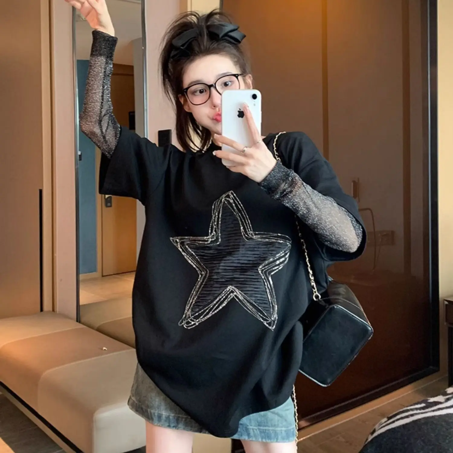 Camiseta holgada de manga larga con malla, Vintage americano, primavera y otoño