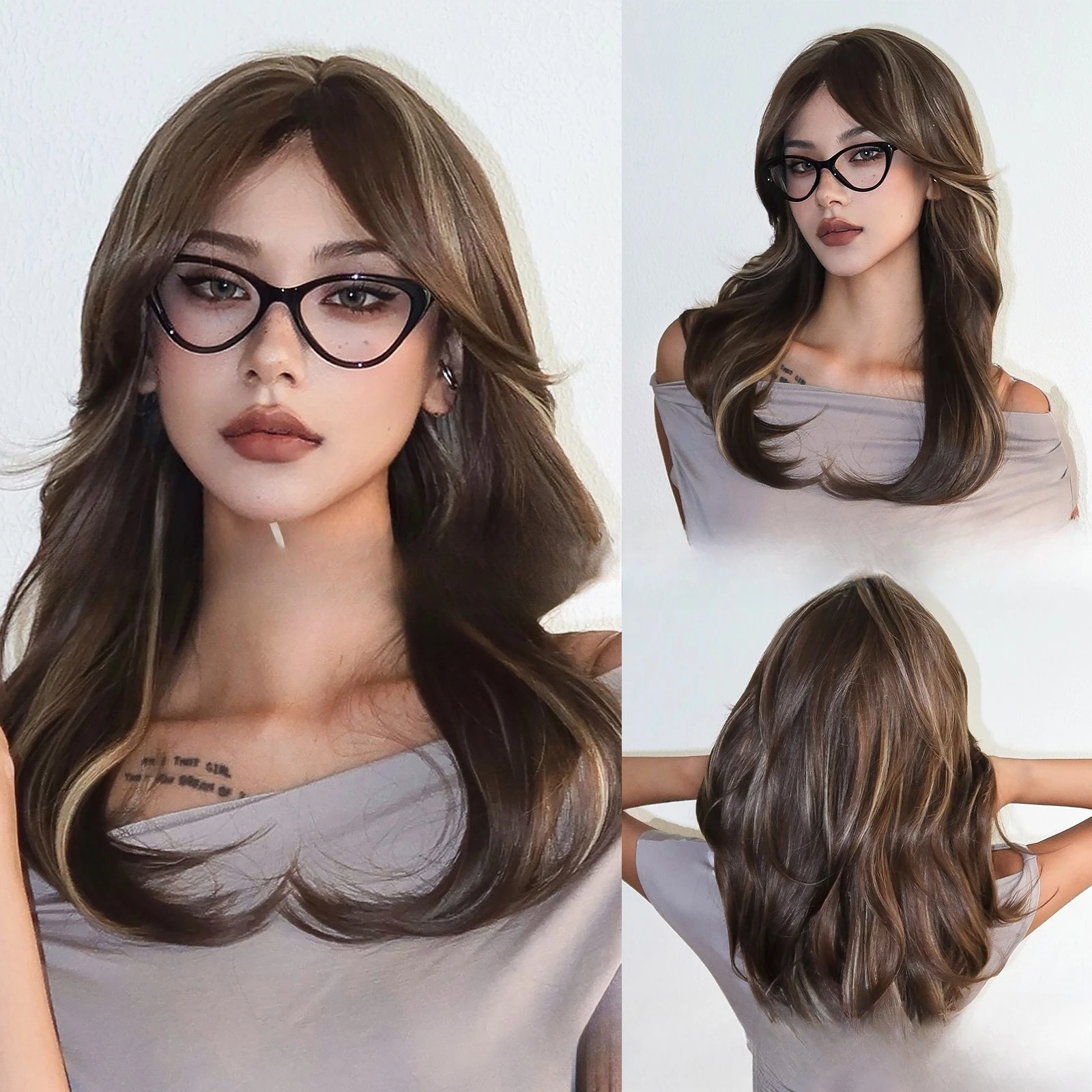 

Wig eight-character bangs brown highlights full head cover long curly hair chemical fiber women's hair