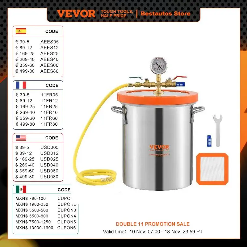 VEVOR 3 Gallon Vacuum Chamber w/ Upgraded Tempered Glass Lid for Stabilizing Wood Resin Silicone Degassing and Plaster Degassing