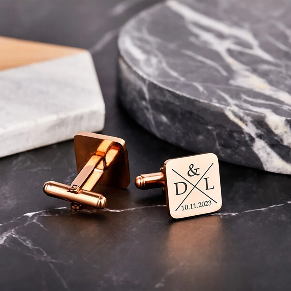 Custom Engraved Square Stainless Steel Cufflinks Gold Silver Rose Gold Black Wedding Anniversary Birthday Gift For Groom Him Men