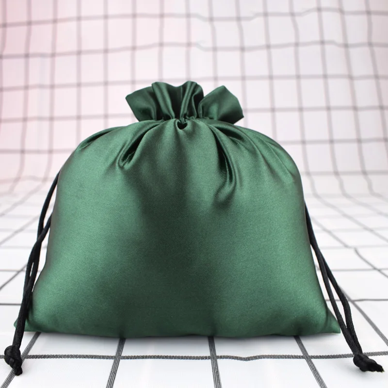 High Quality Deep Green Satin Hair Extensions Storage Bag Shoes Clothes Dust Bag Wig Beauty Case Packaging Drawstring Bag