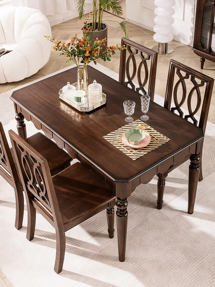 French Retro Style All Solid Wood Dining Table and Chair Combination Pure Log Long Walnut Dining  American Dining Room Furniture