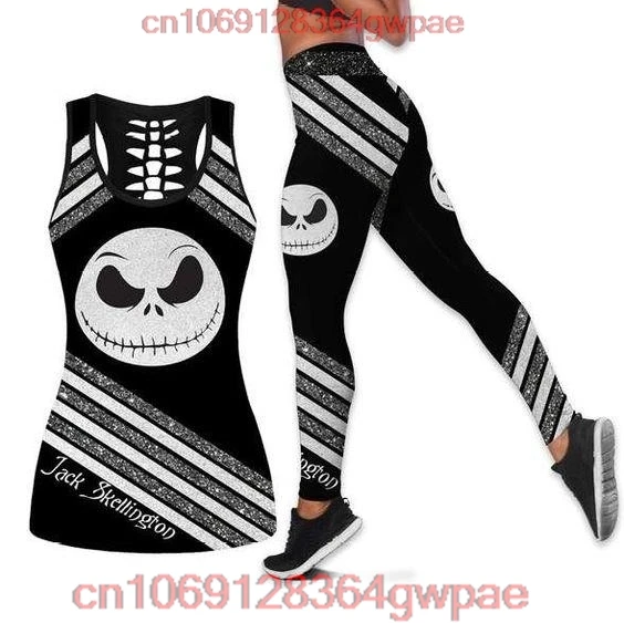 Jack Skellington Women\'s Hollow Vest and Womens Leggings Yoga Suit Fitness Leggings Sports Suit Disney Tank Top Legging Yoga Set