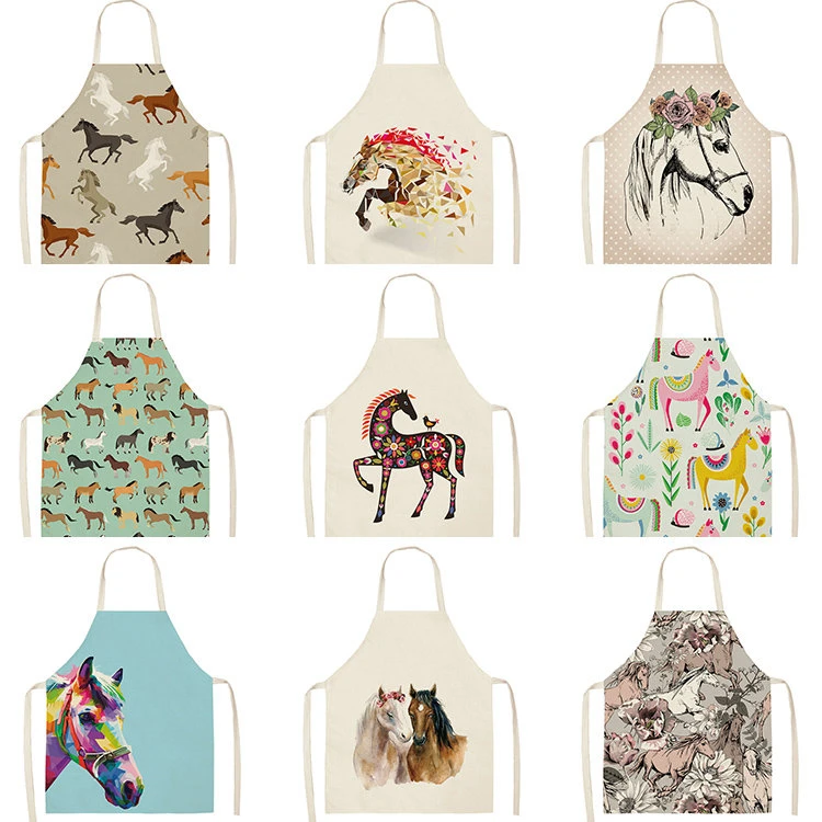 1Pc Horse Kitchen Sleeveless Chef Aprons For Women Cotton Linen Bibs Household Cleaning Pinafore Home Cooking Apron 55x68cm