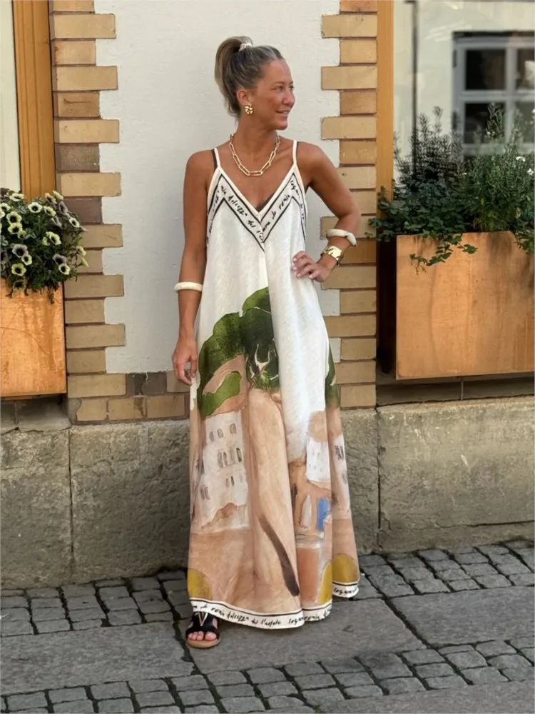 

Retro Women's V-neck Sleeveless Holiday Dress With New Printed V-neck Loose Large Swing Suspender Dress Casual Long Dress