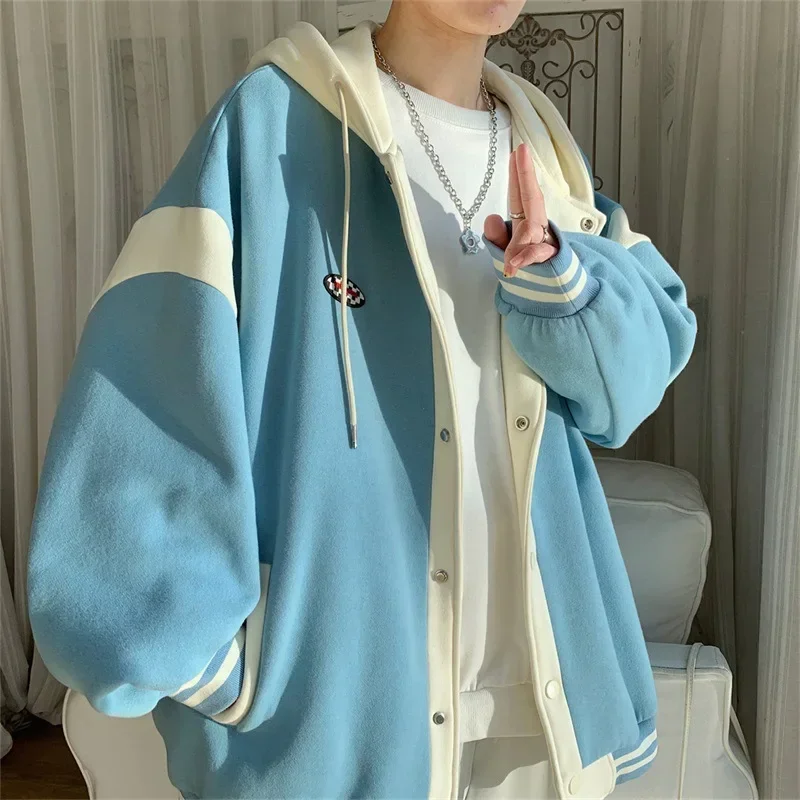 Y2k Fashion Hooded Sweatshirt For Women Thin Loose Patchwork Single Breasted Hoodies With Pocket Female Baseball Cardigan Jacket
