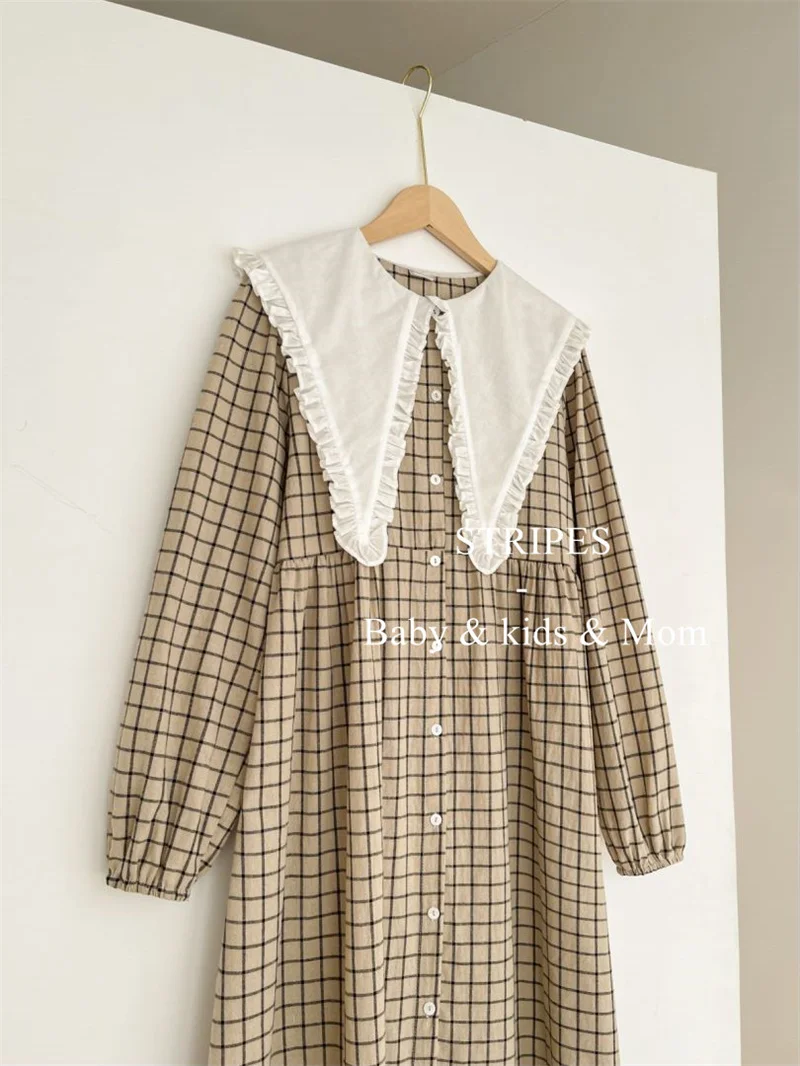 Family Matching Clothes Spring Summer Shirt Plaid Mother Daughter Long-sleeved Soft Cotton Dress Women Dress Girl Birthday Dress