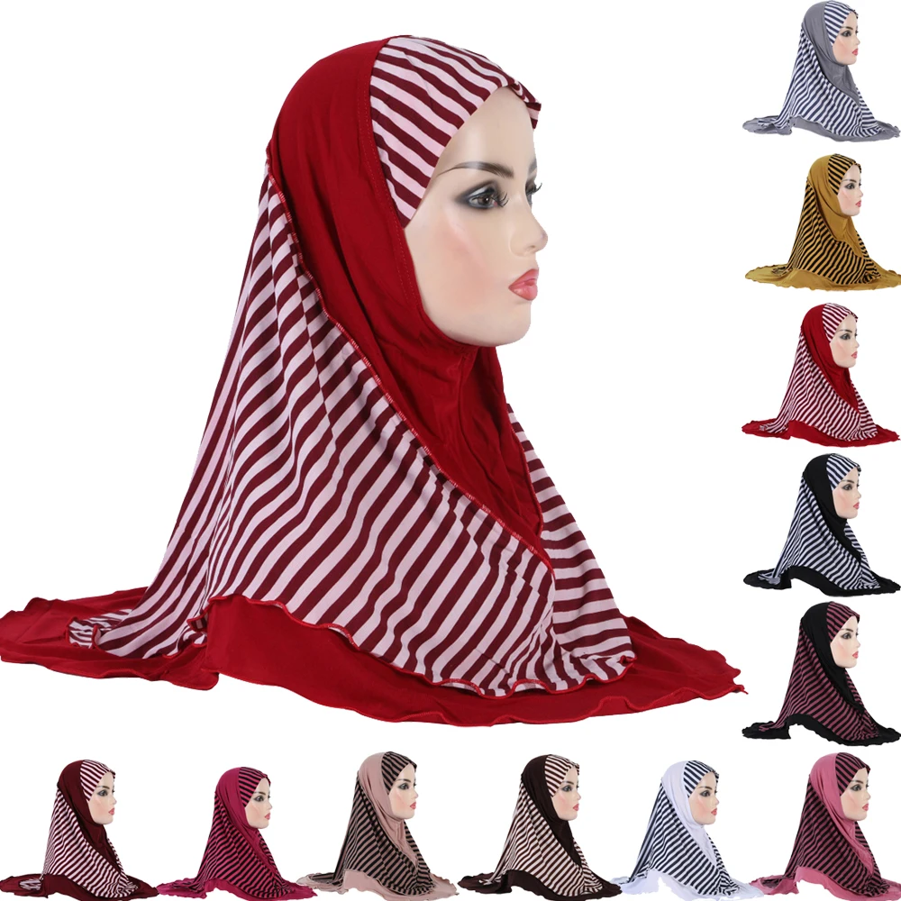 

Wholesale Muslim Hijab 12PCS Women Islam Headscarf Stripe Amira Khimar Pull On Ready Made To Wear Instant Scarf Niqab Shawl Hat