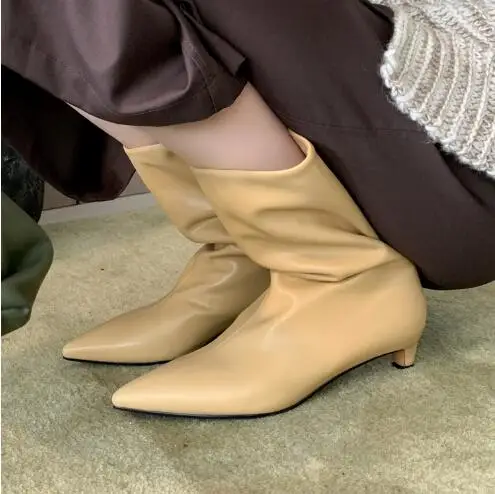 Drop Shipping Women Fashion Gray Leather Black Apricot Pointed Toe Kitten Heel Wide Calf Slip On Mid-calf Boots Shoes Lady