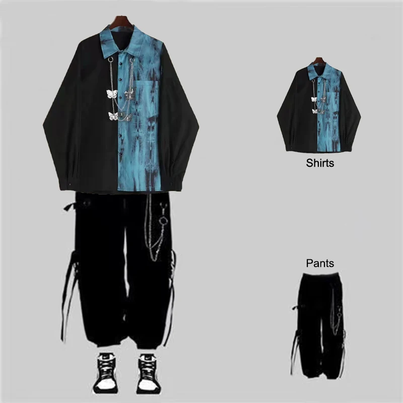 ARENS 2024 Spring Autumn Unisex Harajuku BF Loose Cargo Pants Long-Sleeved tie-dye Shirt+Handsome Chain Pants Two-Piece Set Suit