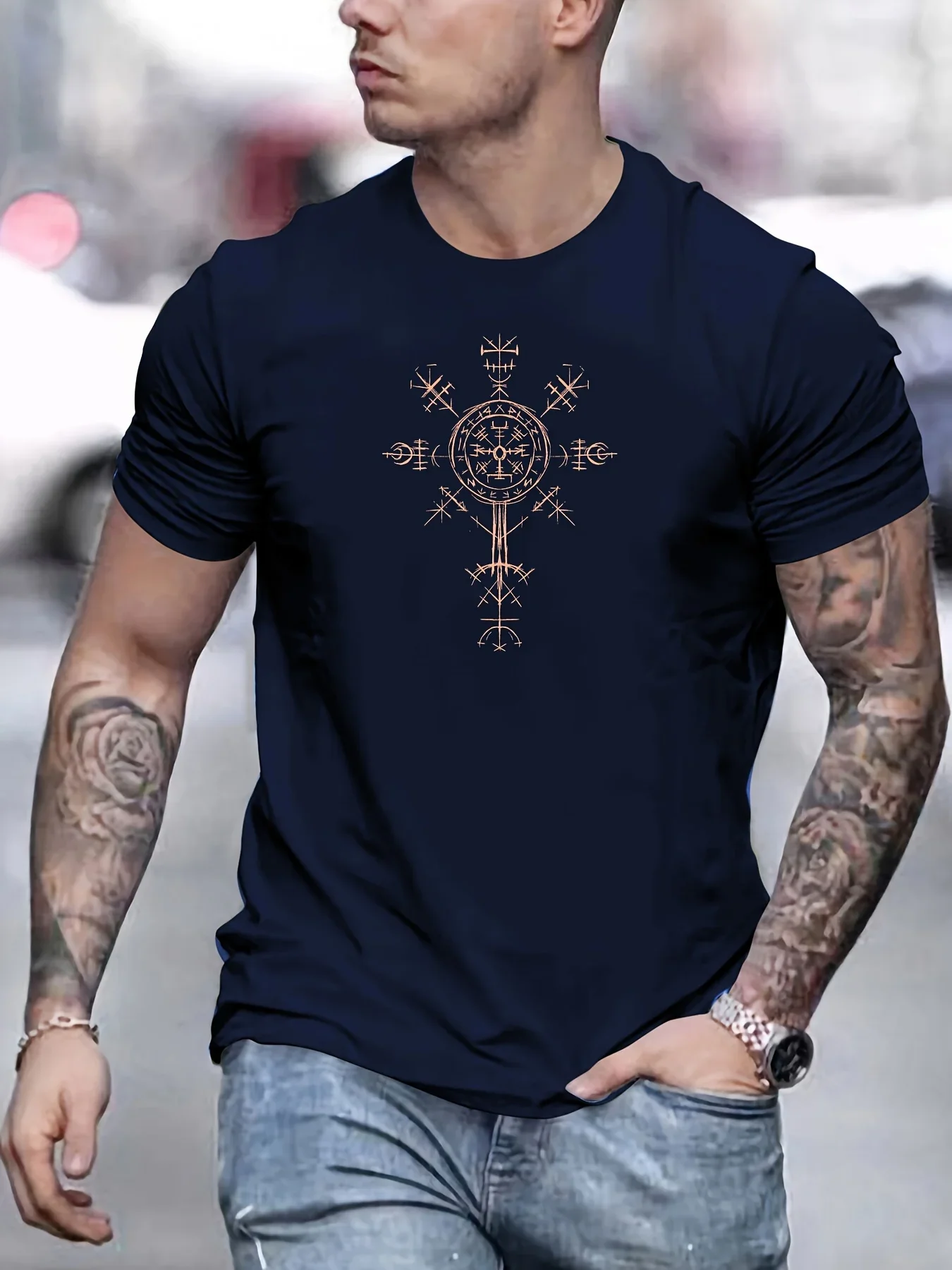 Men's Norse Viking Symbol Graphic Tee Pagan Streetwear Cotton Casual T-shirt