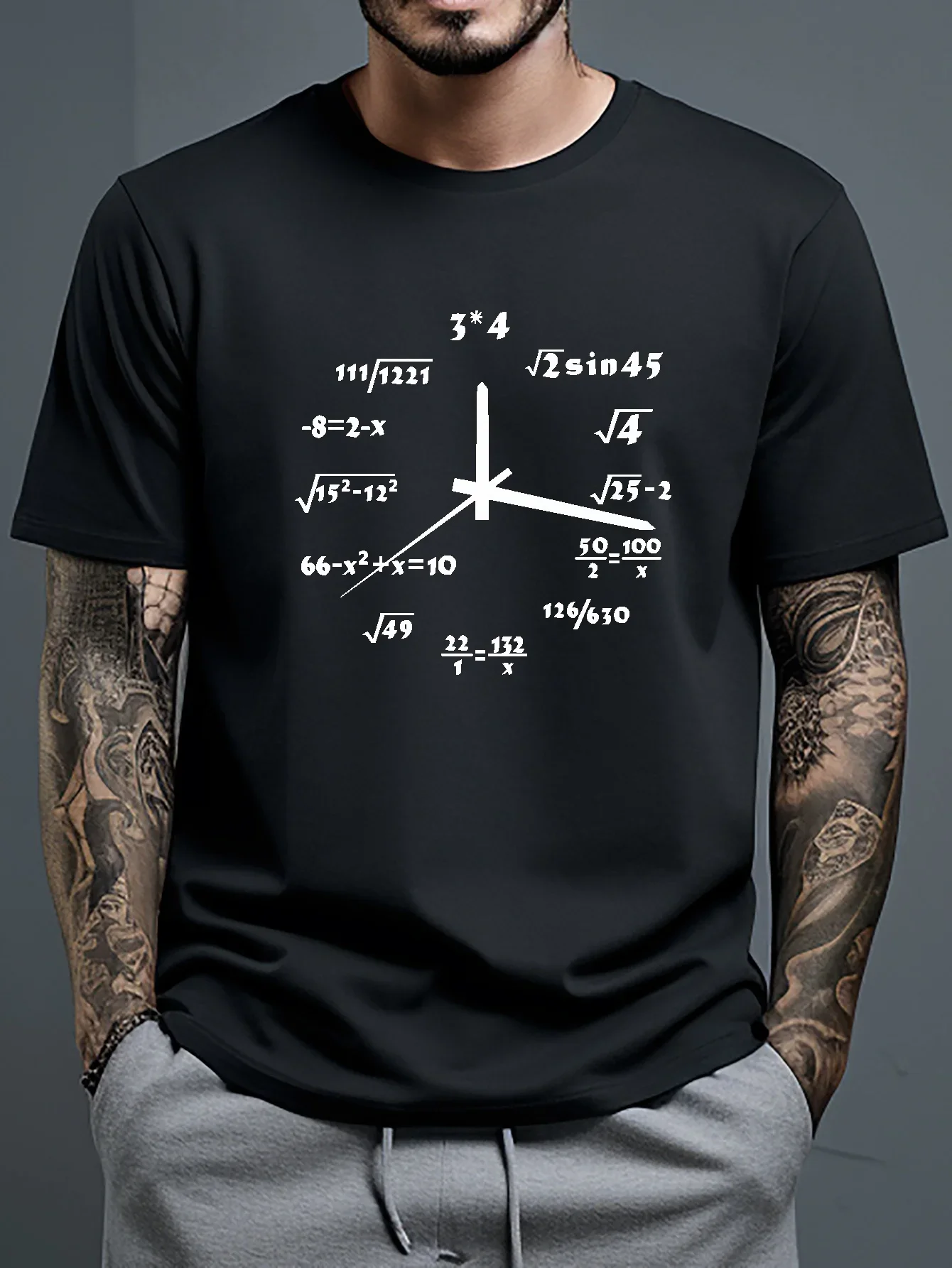 Casual Short Sleeve T-shirt For Summer Math Clock Print T Shirt Tees For Men