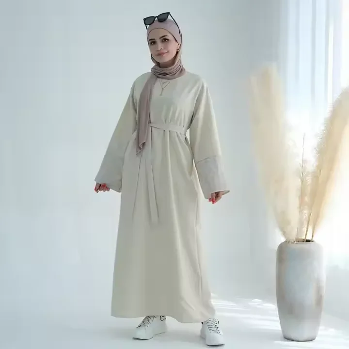 Lino chiuso Abaya per le donne Musulmano ricamato Casual Abaya Dubai Lusso Turchia Hijab Abito Ramadan Islam Caftano Robe