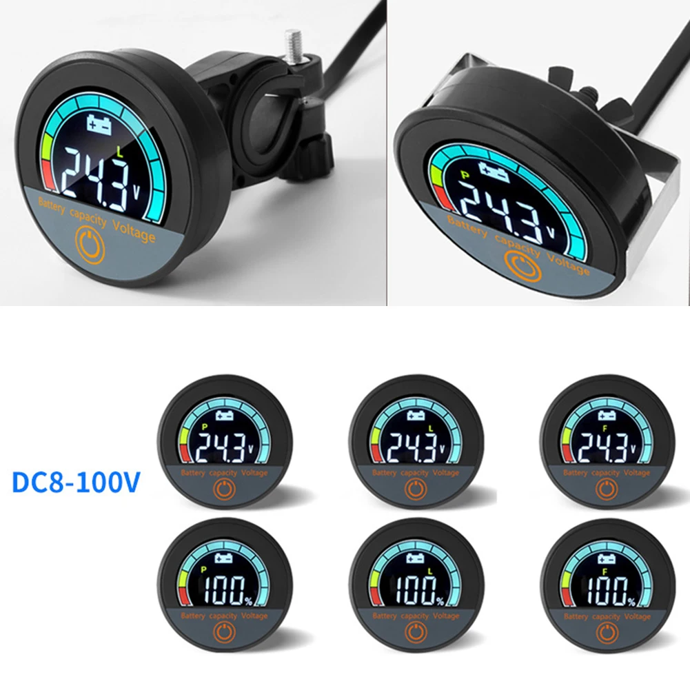 DC8-100V Digital Round Voltmeter For Battery Capacity Monitor Tester With Low Voltage Alarm For Electric Bike Scooter Car For Ba
